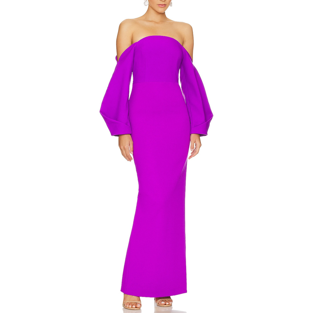 Solace London Off-Shoulder Balloon Sleeve Fuchsia Gown